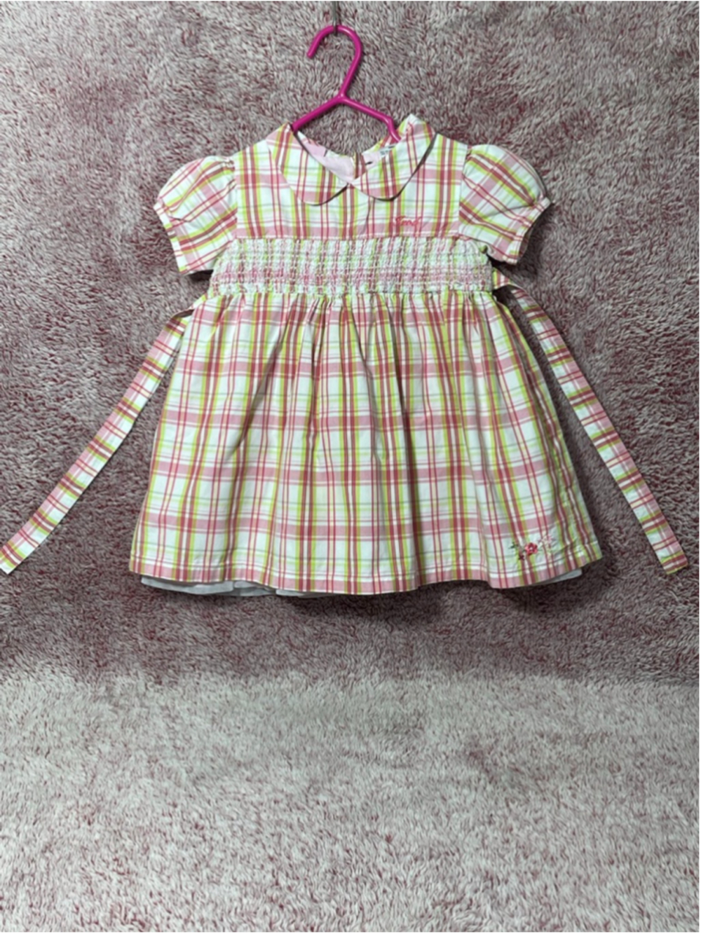Girls 18 months smocked IZOD Plaid dress Peter Pan collar Pink Green
